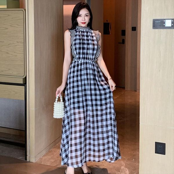 

summer self portrait black white womens dresses plaid chiffon maxi long ruffles sleeveless big swing party, Black;gray