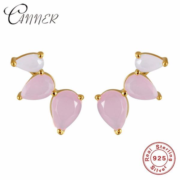 

stud canner cute jewelry delicate girl women ear studs pink cz flower genuine 925 sterling silver small earrings wedding brincos, Golden;silver