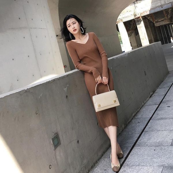 

casual dresses women long sleeve office lady sheath solid knitted v-neck simple elegant fashion n style high elasticity slim, Black;gray