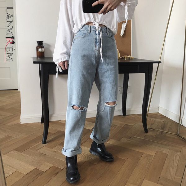 

high waist light blue trousers loose fit hole denim pants women fashion tide spring autumn 2e1532 210507, Black;white