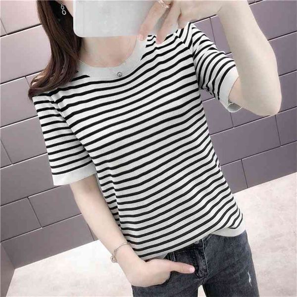 

oversize stripe knitting short sleeve pullovers women summer o-neck casual chic knitwear thin loose tee female 210522, White;black