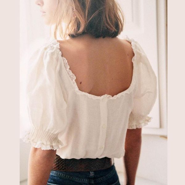 

summer cotton and linen lace shirt round neck open back puff sleeve short women's blouses & shirts, White