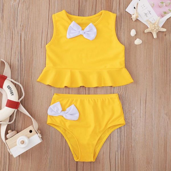 

summer baby kids girl two piece swimsuit child swimwear ruffles bow water sports bikini shoulder beach bathing one-pieces, Black