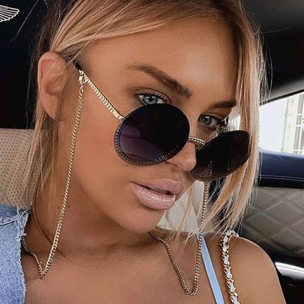

designer sunglasses xiaoxiang round frame metal fashion glasses frameless matching chain 2021, Black