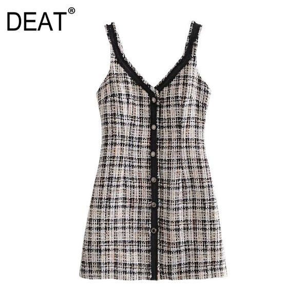 

[deat] spring autumn fashion v-neck high waist single-breasted sleeveless lattice loose sling dress 13c044 210527, Black;gray