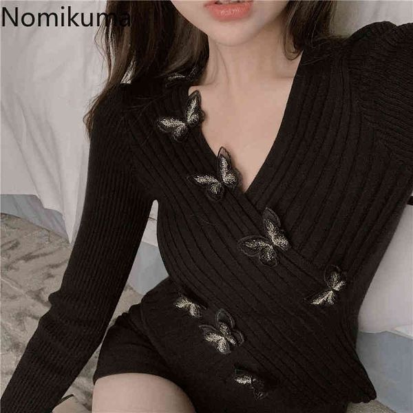 

nomikuma butterfly knitted sweater women v neck long sleeve slim fit short pullover jumpers female korean chic 3d824 210514, White;black