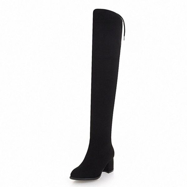 

kalenmos over the knee boots women block heel flock autumn winter boots slip on bow long ladies fashion shoes size 33 43 shoes for women des, Black