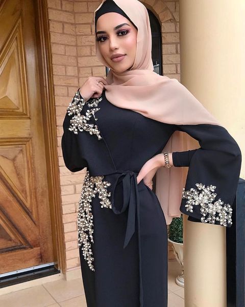 

ethnic clothing muslim dress fashion embroidery slim long middle east arabia dubai abaya turkeu eid robe belt donsignet, Red