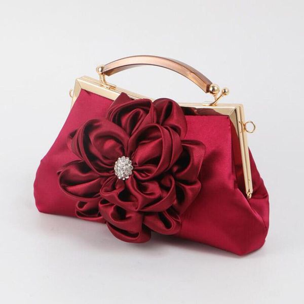 

evening bags satin flower clutches handbag women's small bag diamond wedding purse elegant chain shoulder champagne red b415