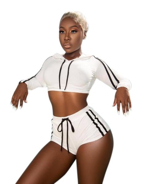 

women's two piece pants fashion casual women tracksuit 2021 arrival autumn white hooded pullover long sleeve short shorts drawstring 2