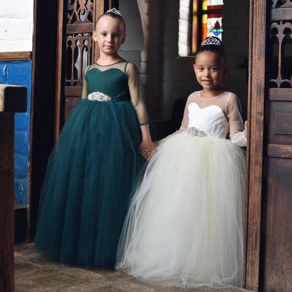 

girl's dresses sheer neck simple flower girl a-line long sleeves tulle little wedding communion pageant gown, Red;yellow