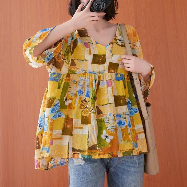 

oversized women cotton linen casual t-shirts 2021 summer vintage style v-neck print loose comfortable female tees s3604 women's t-shir, White