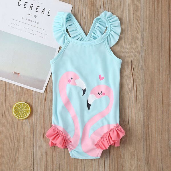 

children's suit summer girls' one piece swimsuit cartoon flamingo beach children's swimming products, Black