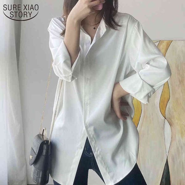 

autumn loose shirts womens and blouses cardigan long sleeve shirt women plus size silky button solid casual clothes 11003 210508, White
