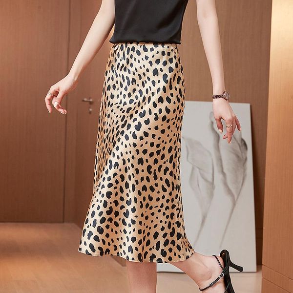 

skirts cacah up2021 summer style chiffon leopard printhalf-length skirt women's mid-length floral a-line high waist hip, Black