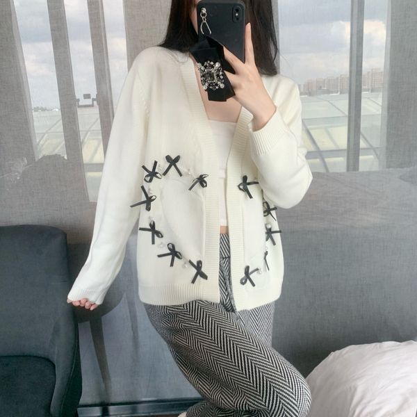 

8257 french bow pearl cardigan early autumn wool sweater korean loose women's outer coat, White