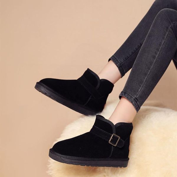 

boots 2021 wool ankle women keep warm suede leather round toe woman snow flat with slip on winter cotton shoes ladies, Black
