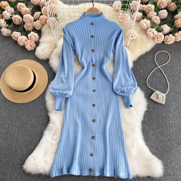 

casual dresses trendy autumn winter mock neck ribbed sweater dress women long lantern sleeve front button elegant knitted bodycon midi, Black;gray