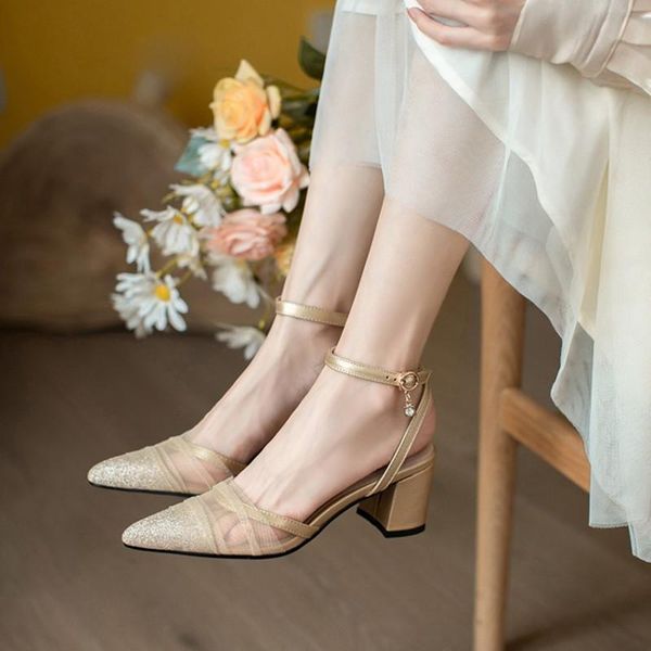 

ochanmeb wholesale good quality hand made see through mesh net shoes women ankle strap closed toe sandals gold summer heel, Black