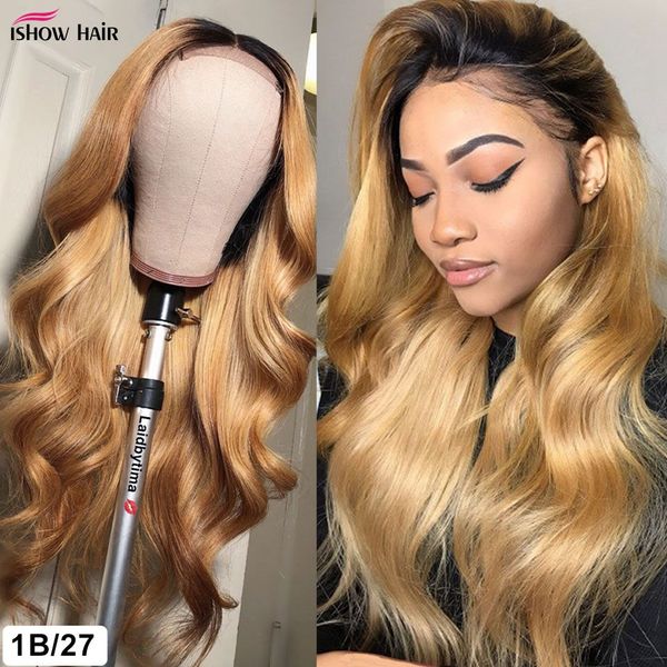 Ishow 14-40inch HD Transparente Rendas Front Wig 1B / 27 Perucas de Cabelo Humano 13x4 13x6 5x5 4x4 350 # Cor Marrom Reta Água Encaracolado Loose Profundamente Corpo Headband Wig Bangs para mulheres