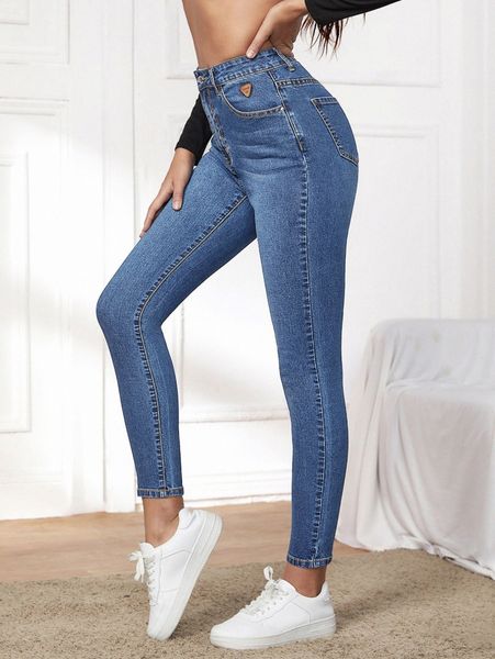 

high waist patch detail skinny jeans 35hx#, Blue