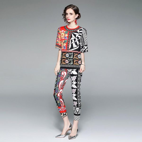 

women's two piece pants fashion outfits floral print suits 2021 summer women short sleeve t-shirts + pocket long, White