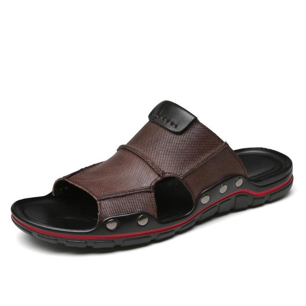

slippers summer men's sandals soft leather breathable non-slip beach shoes, Black