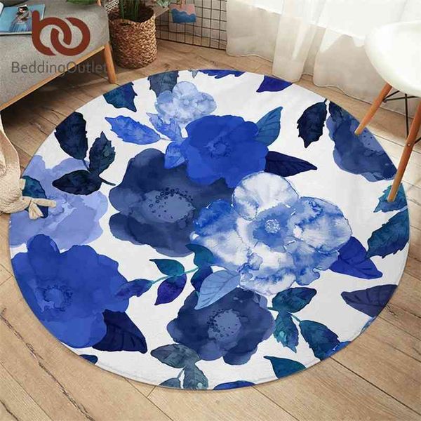 BeddingOutlet Blumen-Schlafzimmerteppiche, Aquarell-Kunst, runder Teppich für Wohnzimmer, Blatt-Bodenteppich, blaue Matte, 150 cm, 210727