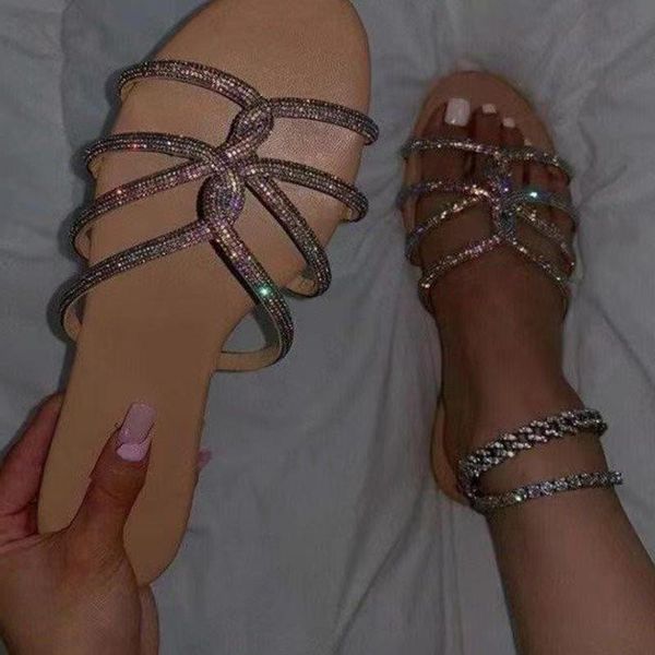 

slippers bling strap round open toe lady's diamonds shoes sandal flat heel lovely big size 43, Black
