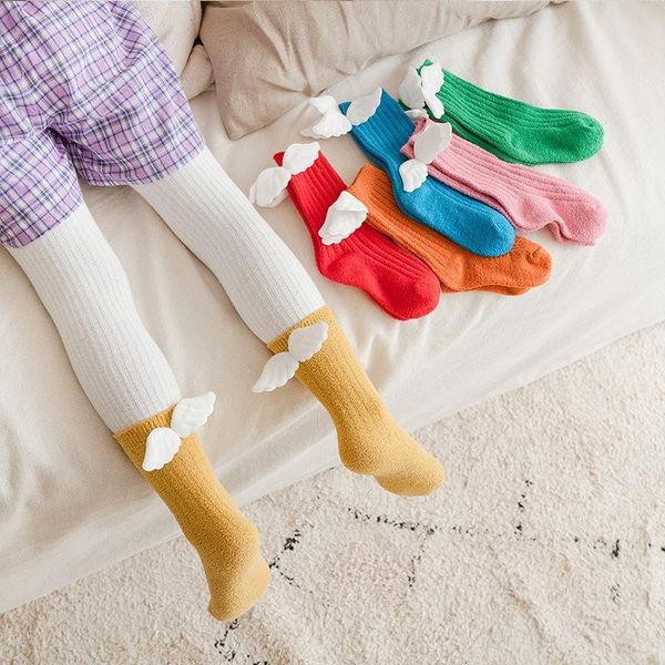 

socks 6 pair baby girls angel wing kids long knee sock summer autumn cotton solid candy color toddler, Pink;yellow