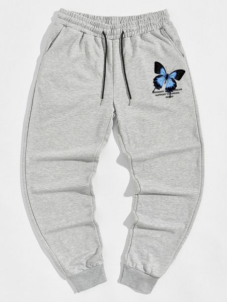 

romwe guys butterfly letter graphic drawstring sweatpants 60ju#, Black