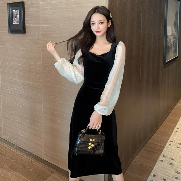 

casual dresses coigarsam french style patchwork women long dress vintage black 9393, Black;gray
