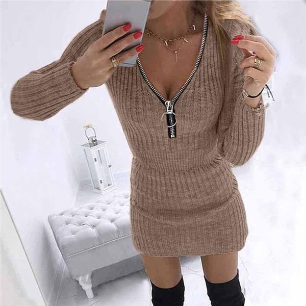 

casual dresses y2k knit dress women solid zipper v-neck long sleeve slim pullover sweater bodycon vestido de mujer party, Black;gray