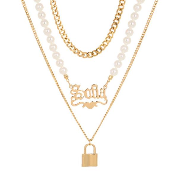 

pendant necklaces gothic letter pearl necklace with lock for women simple all-match lover multi-layered jewelry, Silver