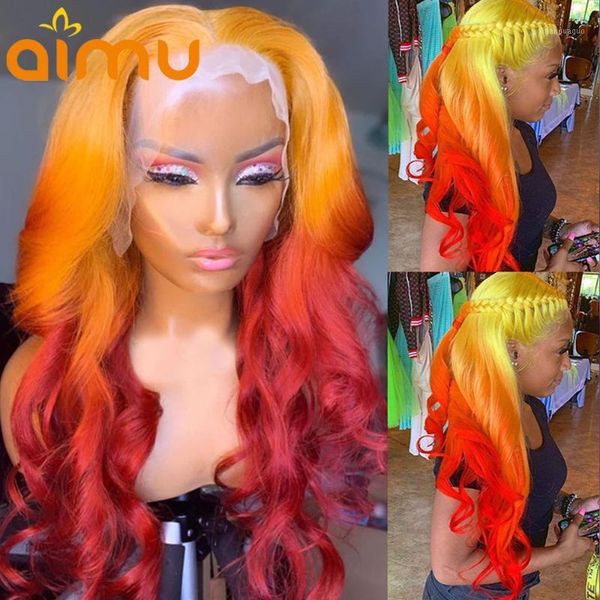 

body wave highlight ginger 13x6 closure lace frontal wigs ombre orange 99j burgundy pre plucked human hair for black women1, Black;brown