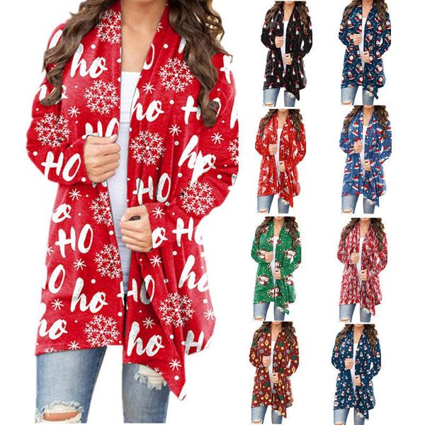 

women's trench coats 2021 autumn and winter european american clothing christmas printed casual long sleeved cardigan, Tan;black