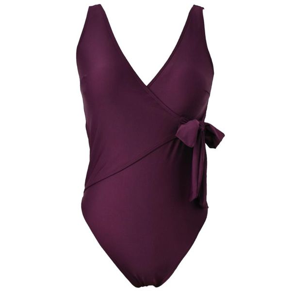 

women deep v-neck solid tie at side one piece beach swimsuit bathing suit, purple one-piece suits