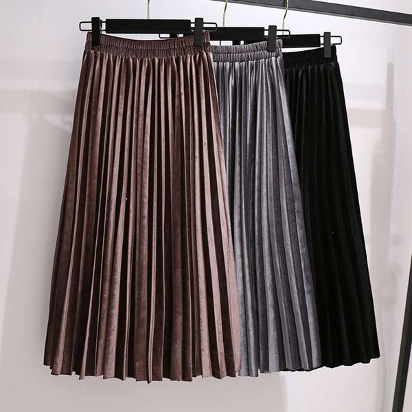 

casual dresses dress large women's autumn and winter fat mm gold velvet medium length slim a-line pleated skirt jtxz, Black;gray