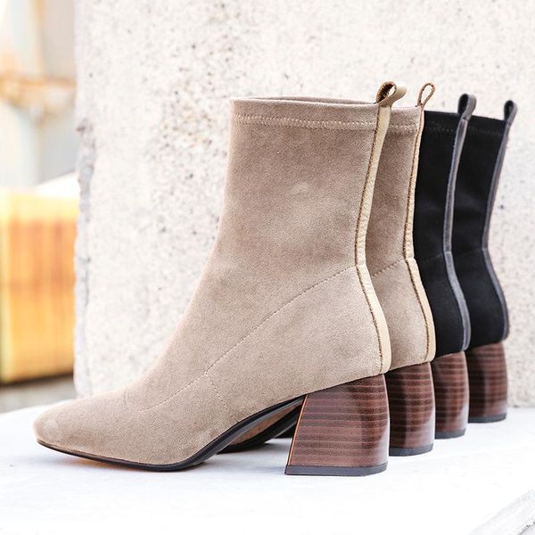 

boots 2021 spring shoes women british style flock stretch casual fashion booties woman 2 colors black