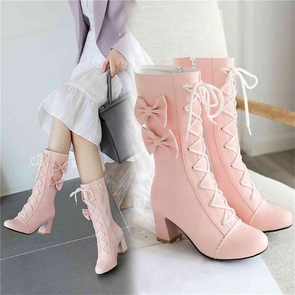

2021 autumn fashion princess lolita wedding female party women shoes cross tied bow designers high heels boots shoes for women wenshet, Black