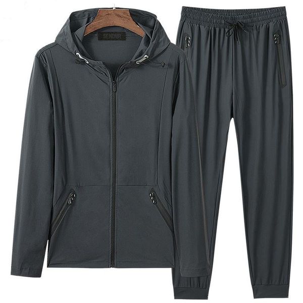 

men's tracksuits two-piece summer ice silk sunscreen clothing ultra-thin jacket breathable sports skin outer suit trend, Gray