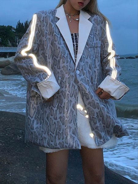 

korean spring autumn loose casual reflective blue snake printed design sense niche suit jackets women coats fashion streetwear women's, Black;brown
