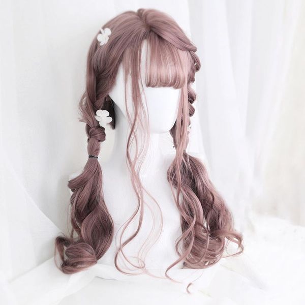 

long wavy brown red orange wigs with bangs lolita cosplay party heat resistant synthetic hair for women., Black