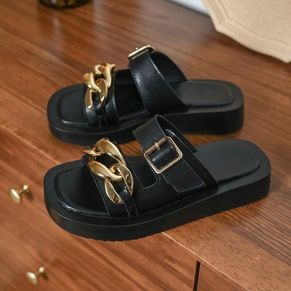 

slippers concise design women genuine leather platform sandals 2021 summer arrival slipper female casual basic shoes woman, Black