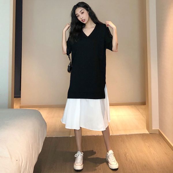

casual dresses summer japanese korean version fashion women's dress loose simple color contrast splicing round neck p56a, Black;gray
