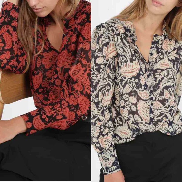 

women's sweaters sweaters frill trim collar women viscose blouse spring summer long sleeve floral vintage print shirt female single-bre, White;black
