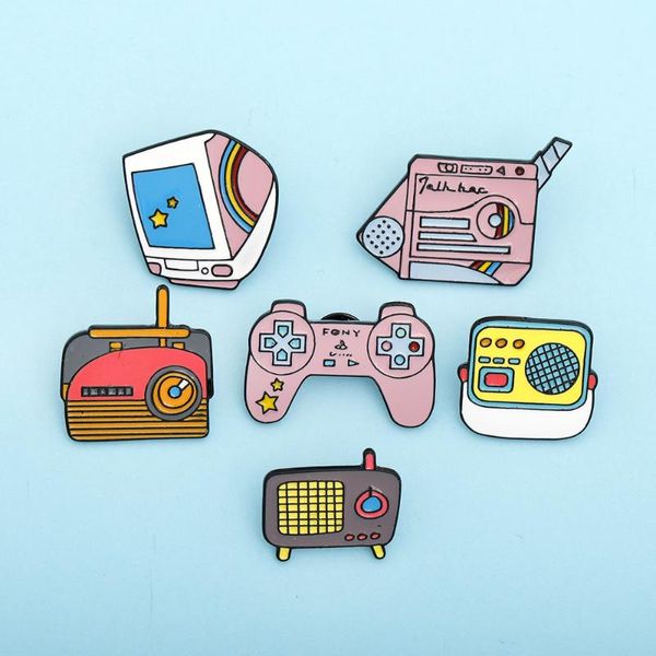 Anstecknadeln, Broschen, Emaille, Cartoons, Desktop-PC, Vintage-Anstecknadeln, alter Stil, Radio, Spielkonsole, rosa Revers, Hemd, Abzeichen, Rucksäcke, Schmuck