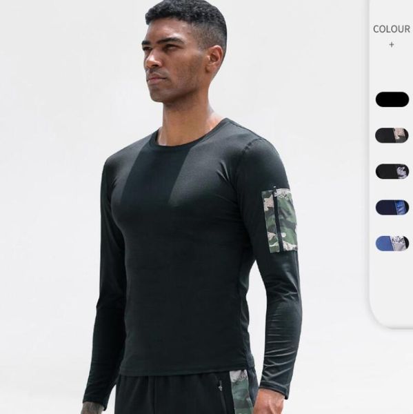 

men sport running t shirt compression base layer fitness gym training shirts sportswear quick dry tights jerseys with zip pocket, Black;blue