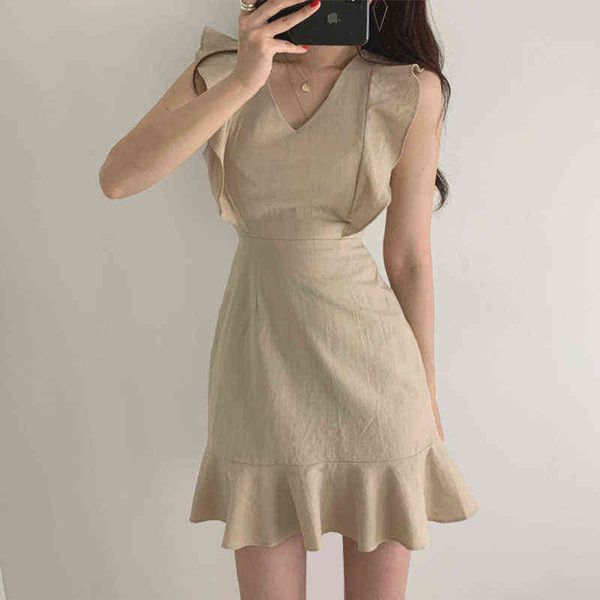 

casual dresses korean french sleevels ruffle hip wrap short skirt fishtail dresses, Black;gray