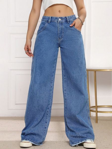 

raw hem slant pocket wide leg jeans 514t#, Blue